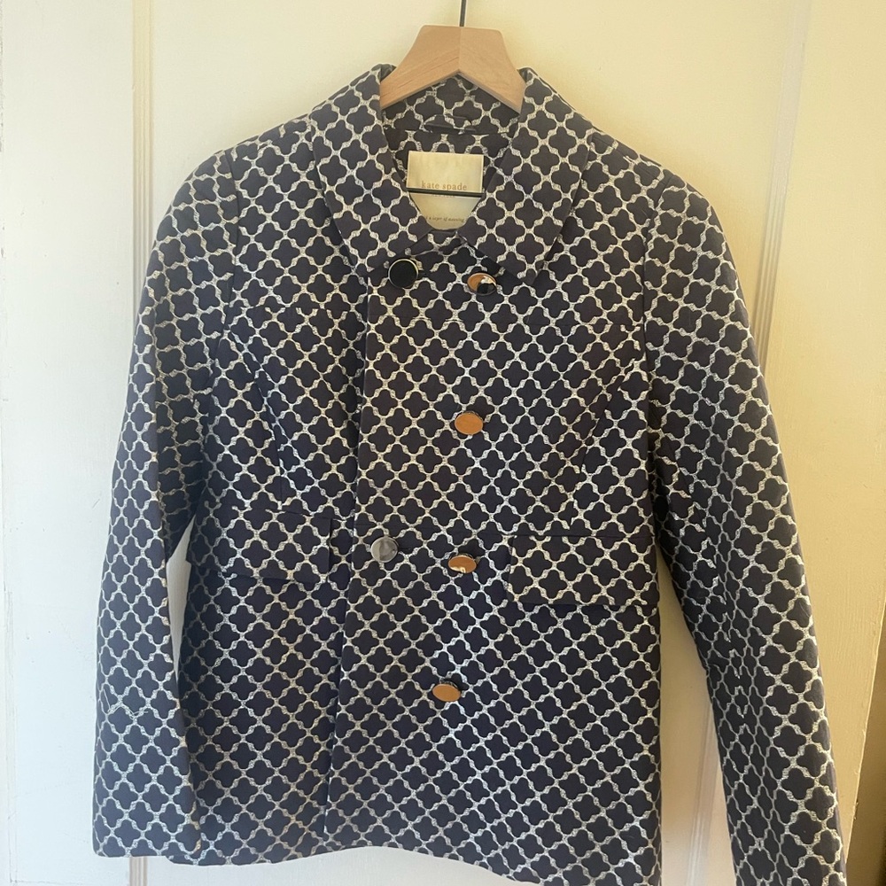 Kate Spade Navy And Silver Quatrefoil alhambra Peacoat Jacket. Size 6